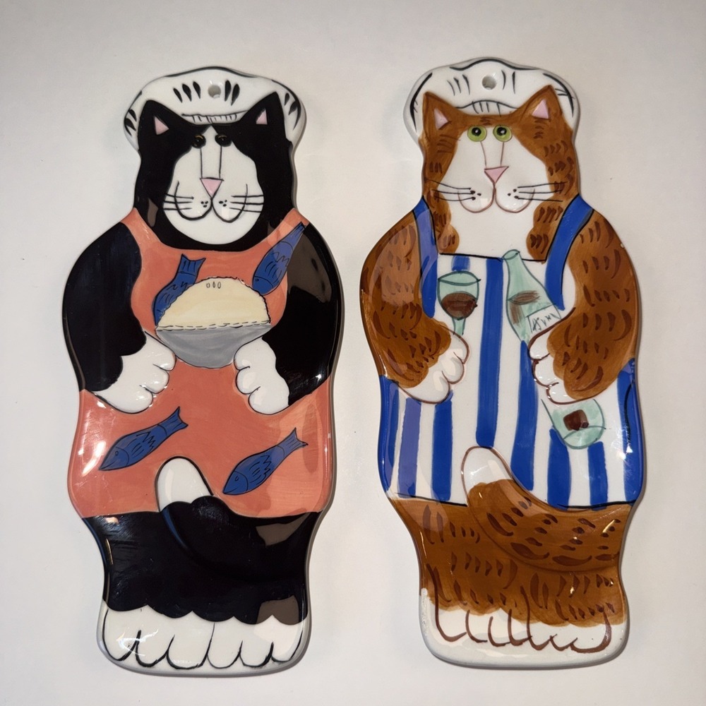 Catzilla Candace Reiter Cat Chef Ceramic Spoon Rest Wall Hanging 2002 2 Pieces